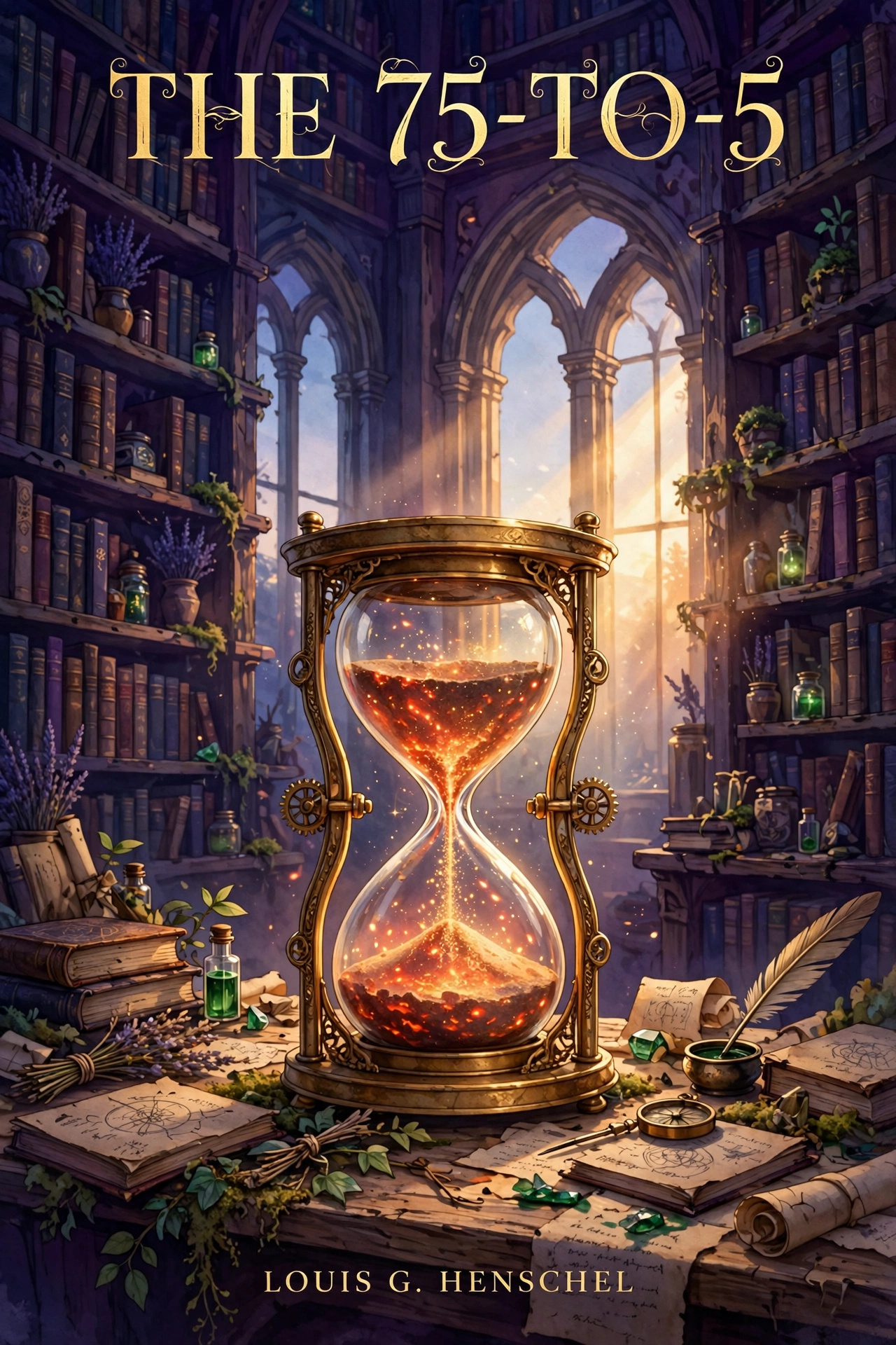 Cover art for The 75-to-5 — a golden hourglass in a grand library