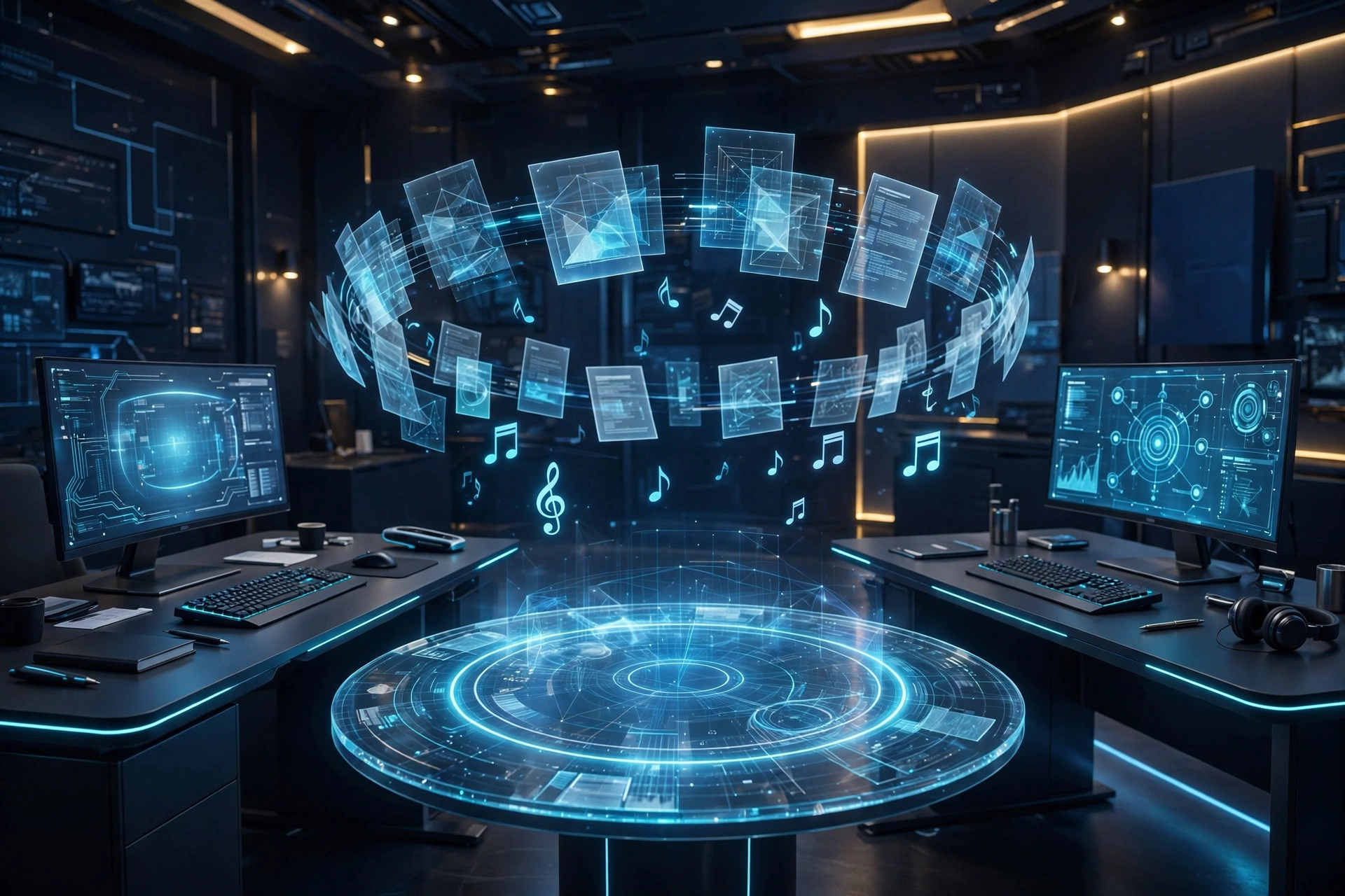 Cover art for Muse-ical Chairs — two desks and a ring of floating design notes