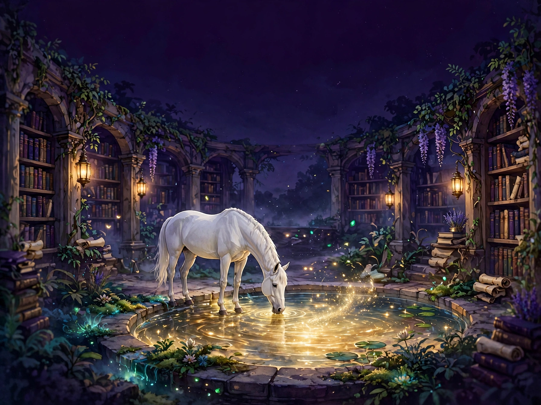 Cover art for You Can Lead a Horse to Water — a white horse drinking from a glowing pool in a moonlit library courtyard