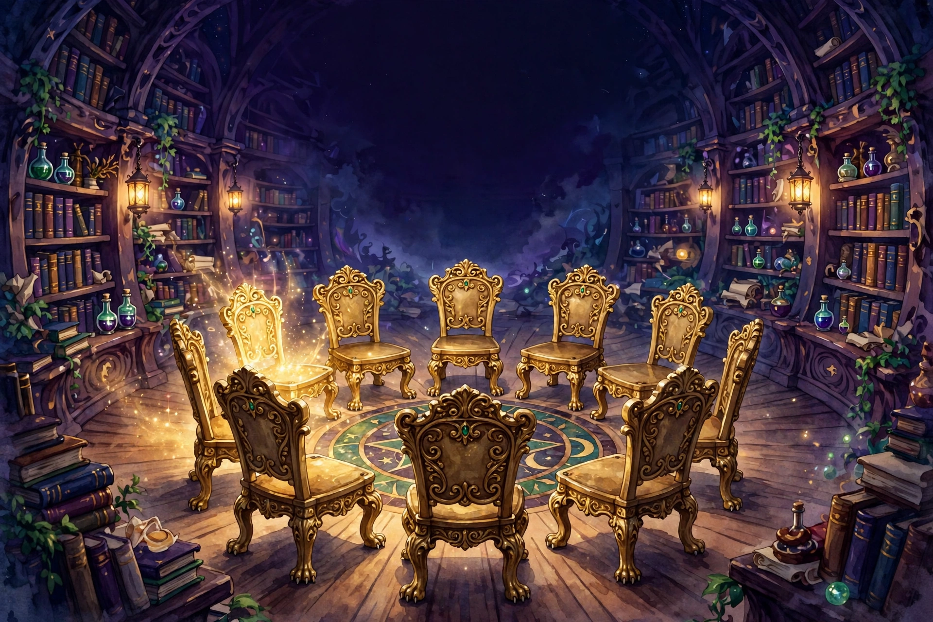 Cover art for Muse-ical Chairs — a ring of ornate golden chairs in a library hall, one chair glowing