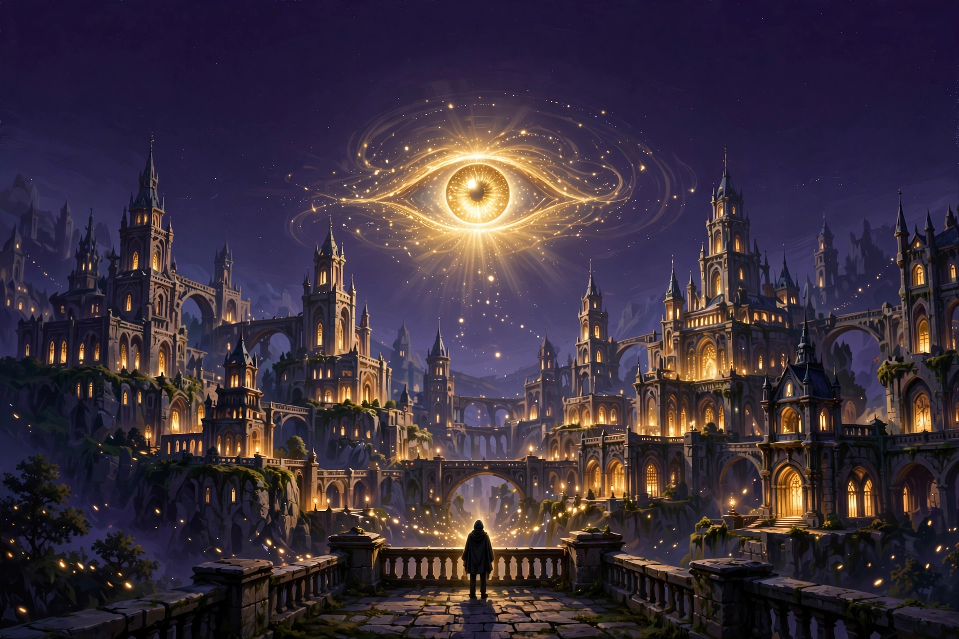 Cover art for What Needs to Be Super About Superintelligence — a lone figure on a terrace before a great golden eye above a library citadel