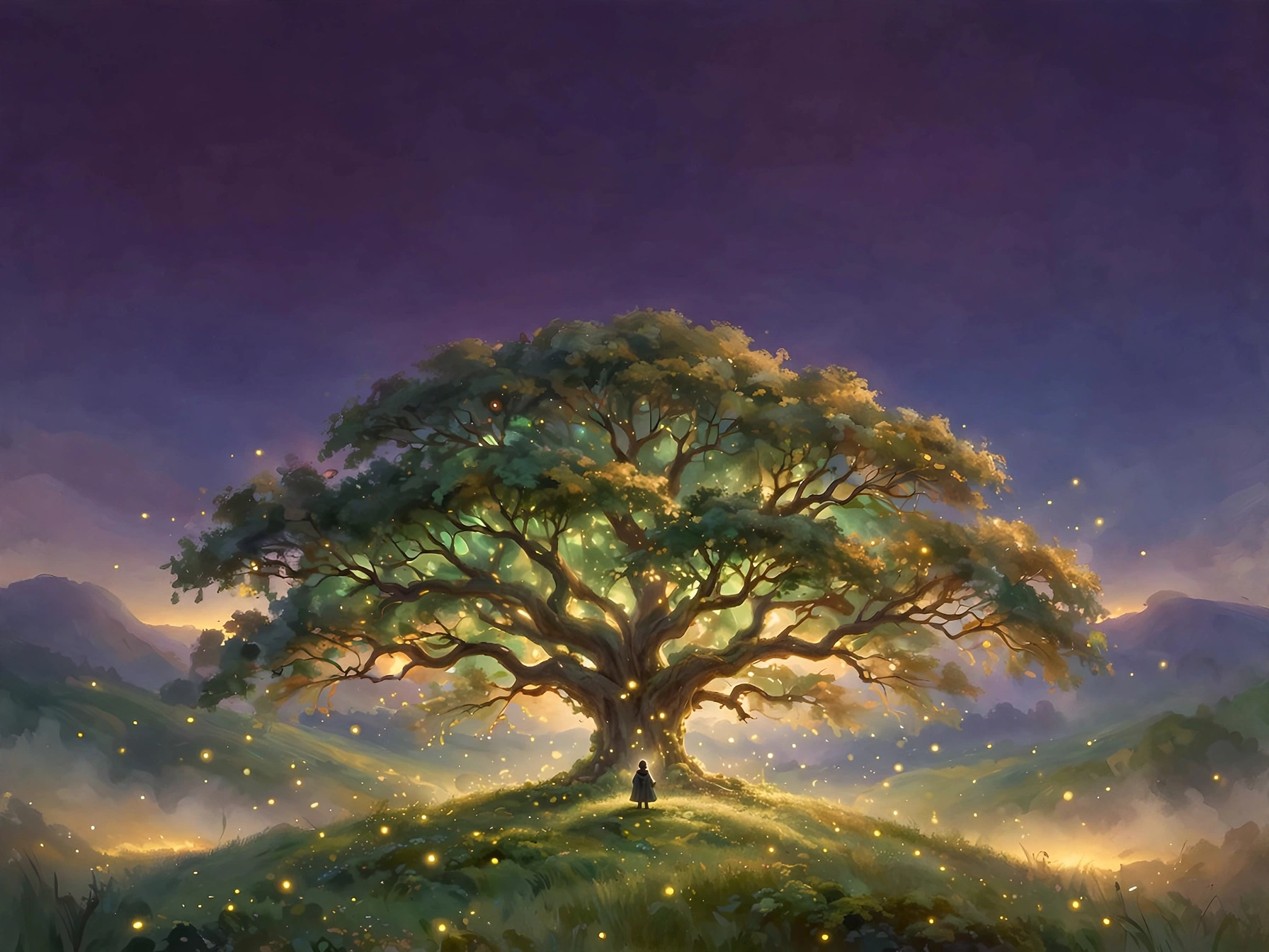 Cover art for The Tree I&rsquo;ll Never See the Shade Of — a great tree on a hill at dusk, one small figure beneath it