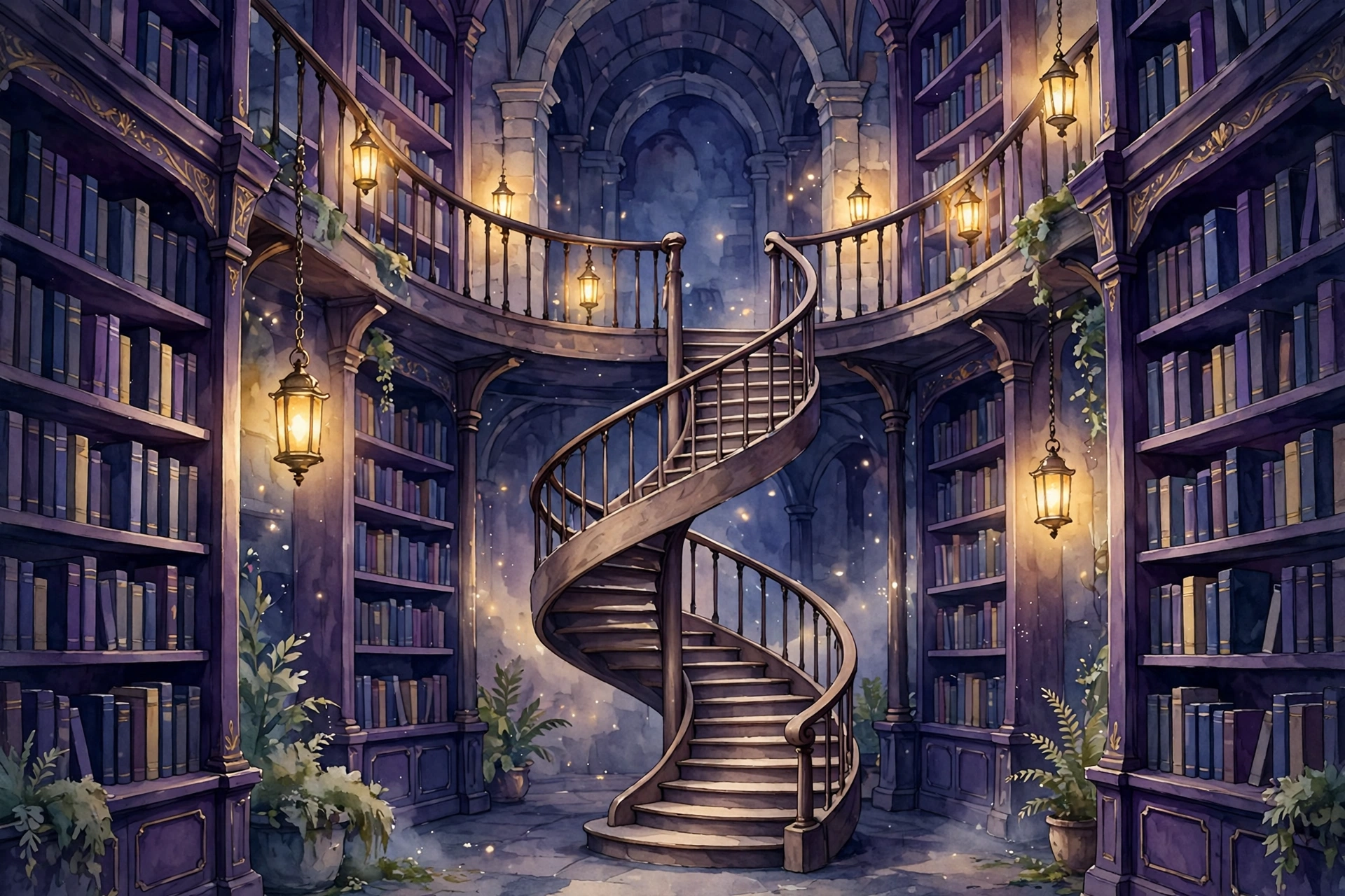 A grand library with a spiral staircase, shelves of books, and lanterns — the reading room of AI World